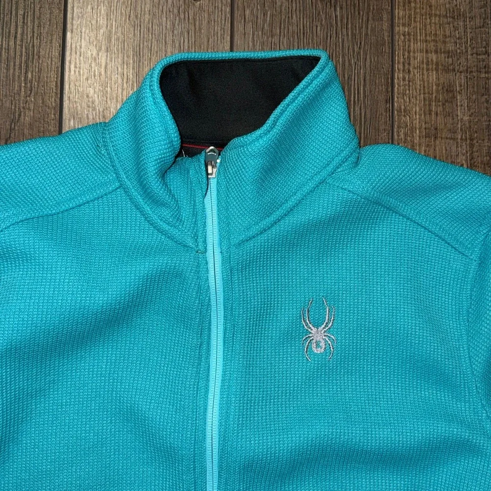 Spyder Womens Full Zip Fleece Jacket Turquoise Blue Waffle Knit Mock Neck Logo